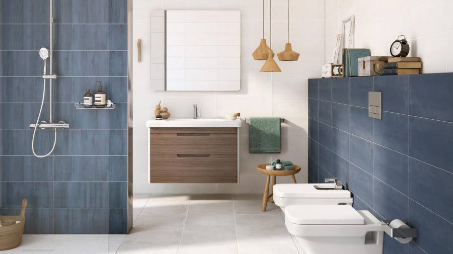 Bathroom with Colette tiles in dark colours
