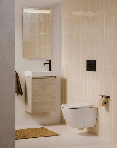 Inovação e minimalismo definem este pequeno móvel de casa de banho, perfeito para espaços pequenos.